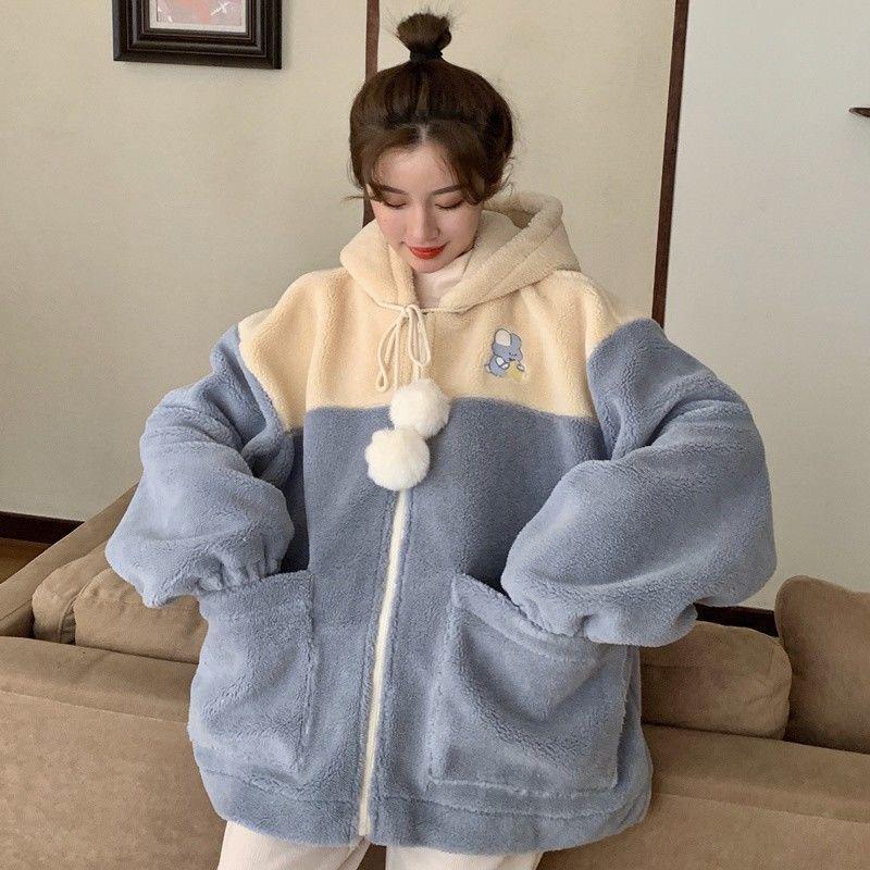 Japanese Cute Faux Lamb Wool Cardigan Sweater Women Loose Plus Velvet Thick BF Jacket Ladies Hooded Warm Top Coat