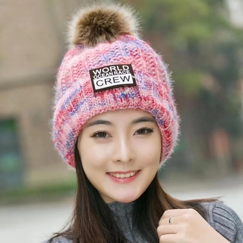 Women's Winter Hat Woolen Knitted Hat Plus Velvet Padded Thick Windproof Hat Korean Student Fur Ball Warm Ear Protection Cap Knitting Hat