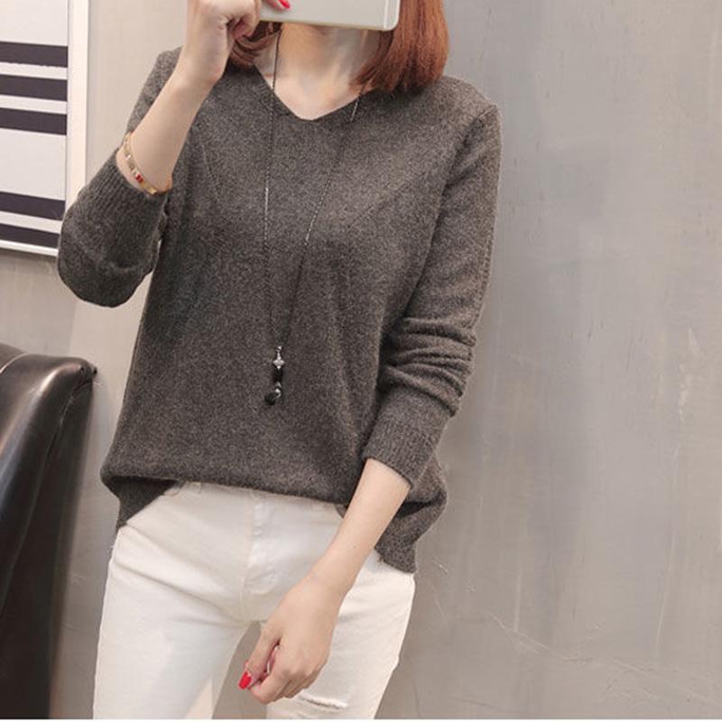 Sweater Pullover Korean Loose Temperament Top V-neck Bottomed Sweater Autumn and Winter Thread Fashion Women