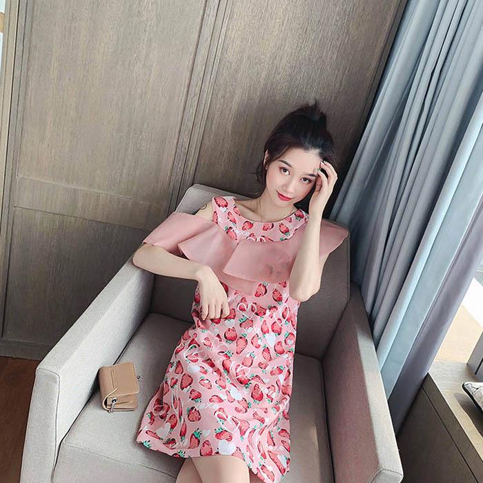 Pofulove Women Round Neck Print Chiffon Dress Loose Off-Shoulder A-line Dresses Short Floral Dress