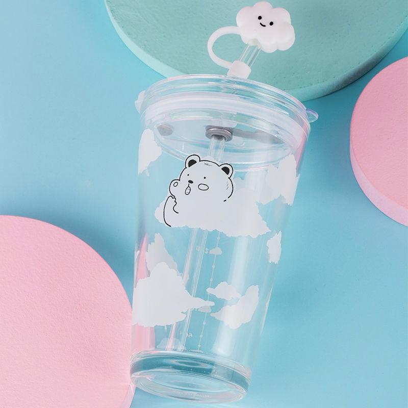 480ml Glass Water Bottle with Straw Cartoon Clouds Straw Cup Leakproof Portable Drinking Bottle with A Sealing Cap Lid