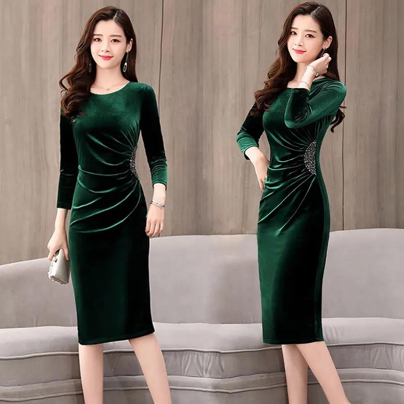 Women's Spring and Autumn Long Dress Gold Velvet Dress Long Sleeve Skirt