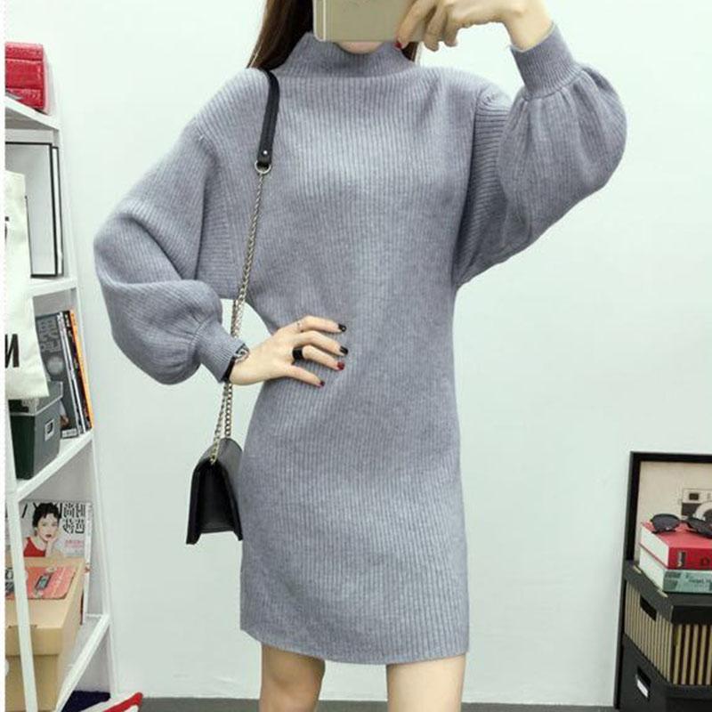 Autumn and Winter High Neck Pullover Lantern Sleeve Sweater Dress Slim  Long Knit Sweater