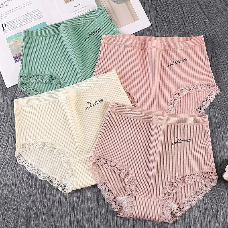 4PCS High-waisted Underwear Women's Cotton Crotch Antibacterial Large Size Abdomen Sexy Underwear Ladies Japanese Style Hip-lifting Girl Lace Briefs