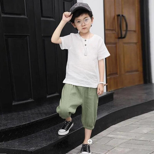 Children's  Short-sleeved Two-piece Boys Summer Cotton and Linen Suit Small and Medium Children