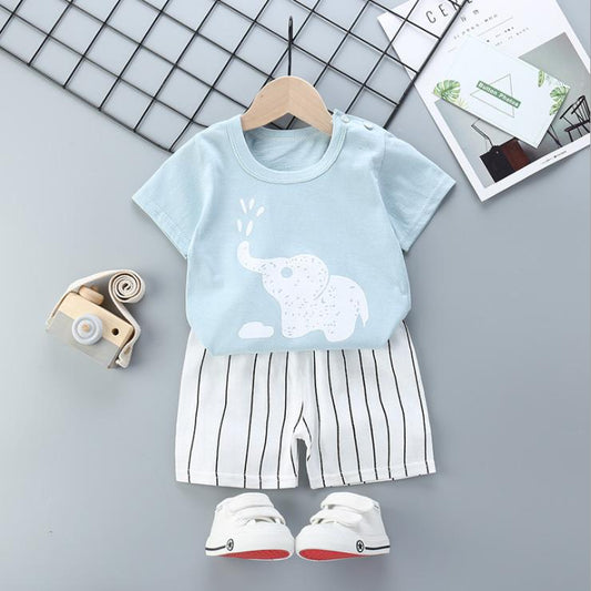 Children's Short Sleeve Suit Korean Style Boys and Girls Set Printing T-shirt + Shorts Two Piece Set