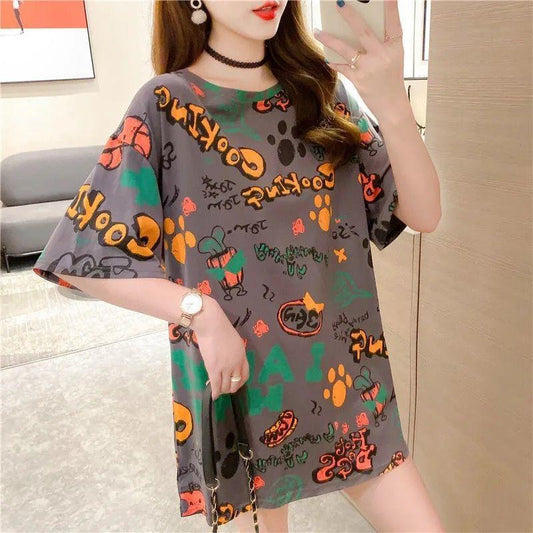 Women Summer Printed Letter Short Sleeve Casual T-shirt Vintage Large Size Round Collar Streetwear T-shirt