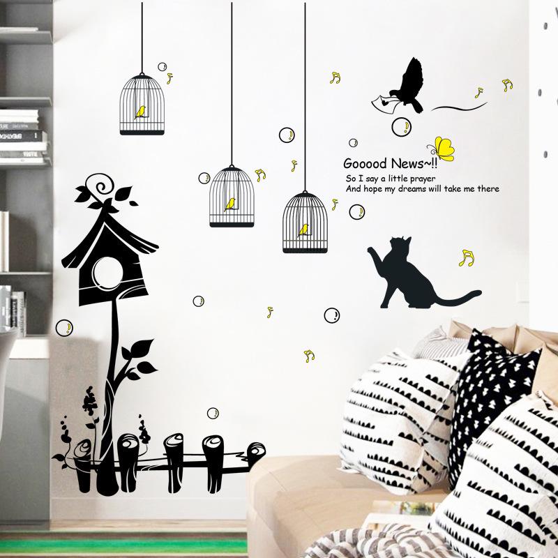 Happy bird cage background wall stickers environmental murals funny cat birds wallpaper