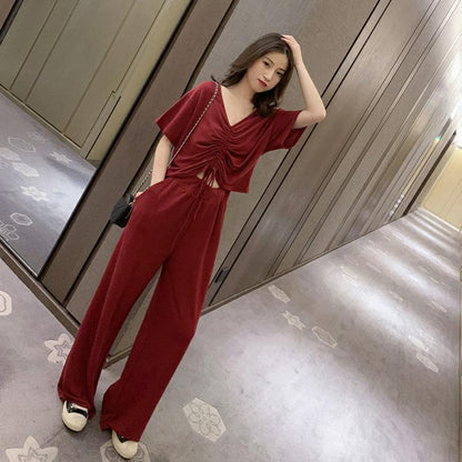 Casual Two-piece Women's Summer Slim Short-sleeved T-shirt Women's High-waist Wide-leg Pants Suit V-neck Short-sleeved Top Sexy Waist Slimming