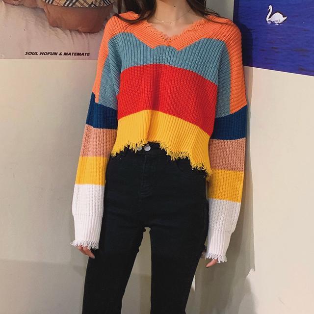 Loose College Style Knitwear for Women Early Autumn Rainbow Stripe Splicing Color Sweater Fringed Short Blouse