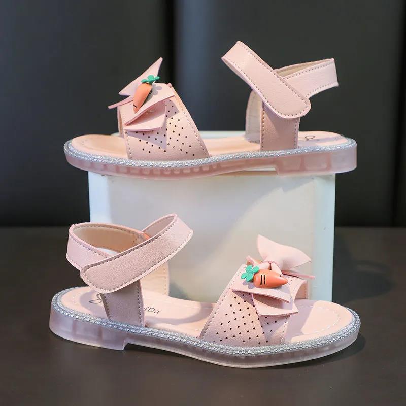 Girl's Sandals In Summer Elegant Girl's Princess Shoes Crystal Soft Bottom Cartoon Carrot Bowknot Big Children's Fish Mouth Cool Shoes