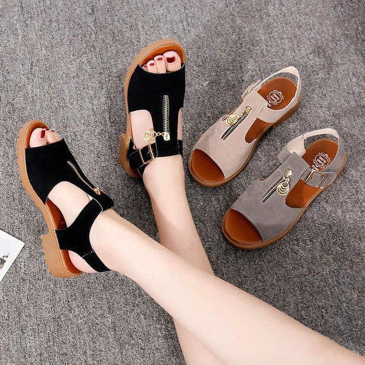 Women's Flat Sandals Summer One Word Buckle Shoes Zipper Stitching Flat Heels Simple Korean All-match Casual Sandals Soft Sole Comfortable Sandal