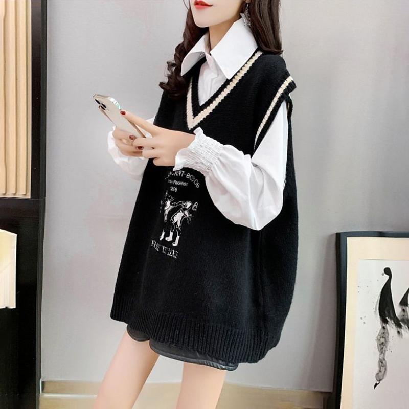 British Style V-neck Sweater Vest Women Loose Knit Vest Jacket All-match Jacket Women's Thin Sleeveless Sweater Comfortable and Warm