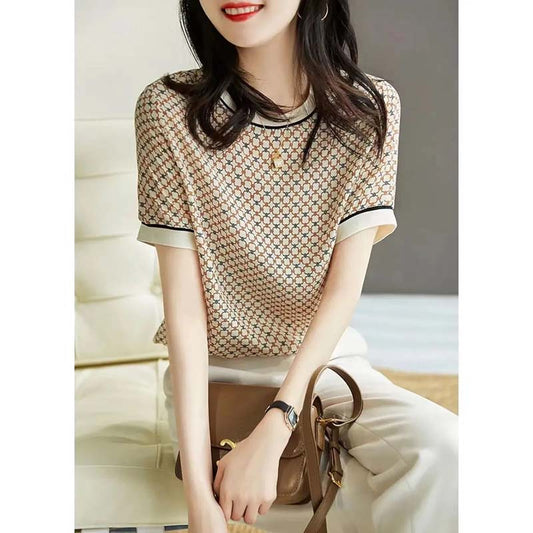 Silk Ice Silk Short-sleeved Women's Top High-end Western-style Printed Shirt Summer Ribbed Temperament All-match Trend