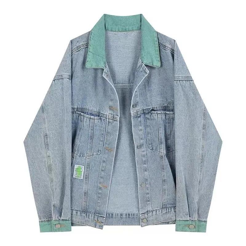 Fried Street Denim Jacket Women's Spring and Autumn Casual Loose Long Sleeve Colorblock Design Sense Small Western Style Jacket Ins Trend