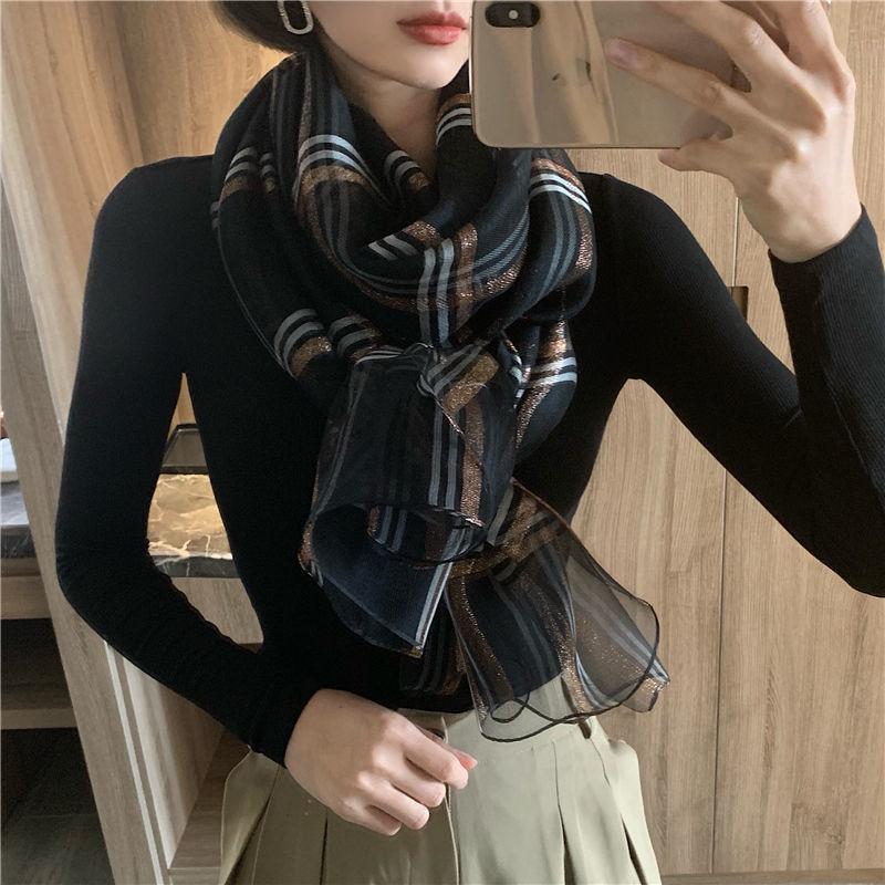 Women's Autumn and Winter Silk Scarf Korean Style All Match Mulberry Silk Shawl Thin Silk Plaid Scarf Long Dual-use Gauze Scarf Sweet Neckerchief