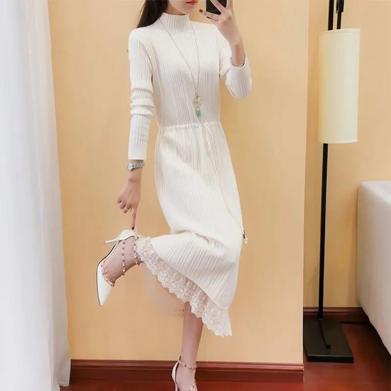 Long Sweater Skirt Over The Knee Half High Neck Lace Stitching Lace Knitted Dress Wearing A Versatile Bottoming Shirt