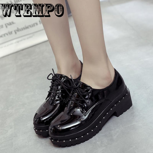 Women Patent Leather Derbies woman Shoes Flat platform Black Brogue Shoes ladies Casual