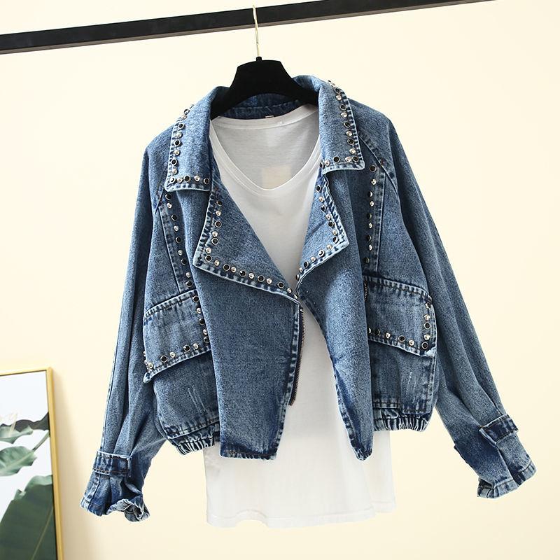 Spring and Autumn Korean Version Loose Large Size Student Beading Retro Motorcycle Denim Jacket Female Jacket