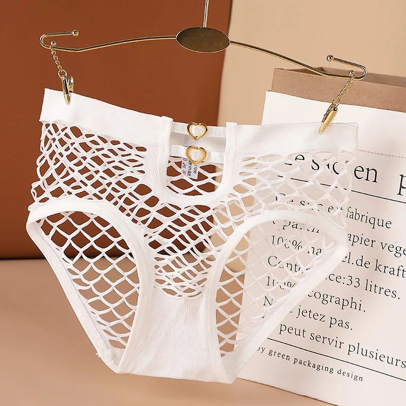 2Pcs/Set Large Size Lace Panties Ladies Mesh High Stretch Breathable Briefs Mid Waist Hollow Solid Color Underpants