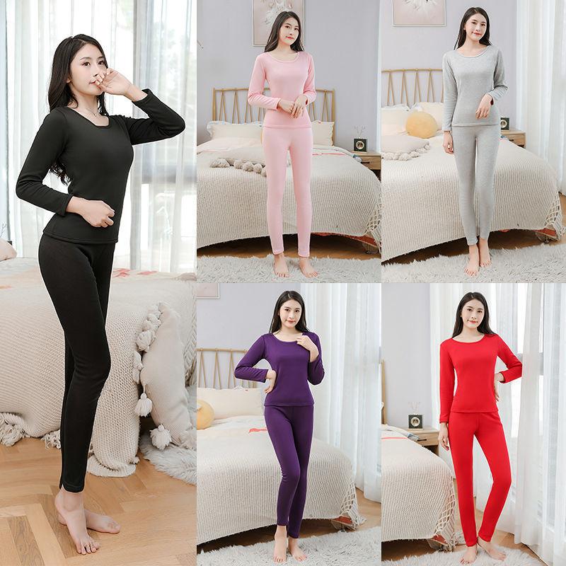 Women's Autumn and Winter Plus Velvet Thick Long-sleeved Trousers Thermal Underwear Pajamas Two-piece Round Neck Stretch Plus Size Suit