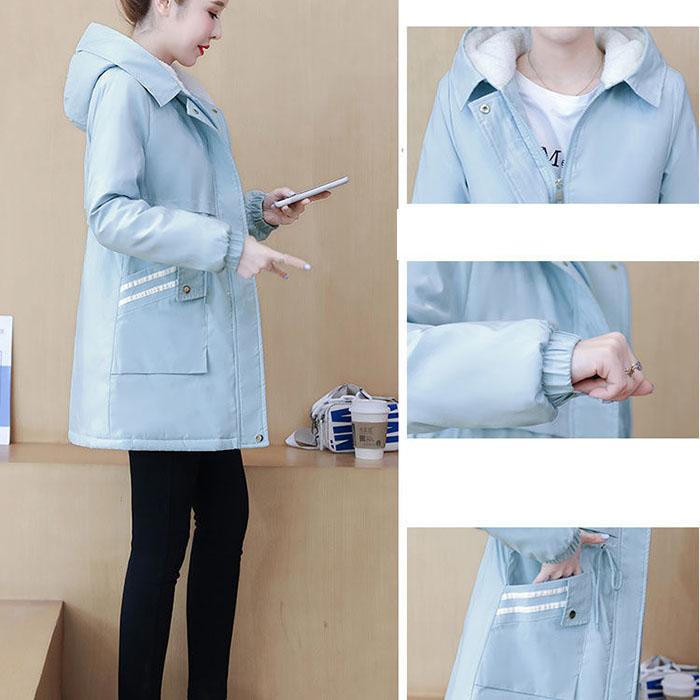 Autumn Winter Women Thickened Hooded Parka Jacket Casual Loose Drawstring Plus Velvet Windbreaker Jacket Warm Parka Coat