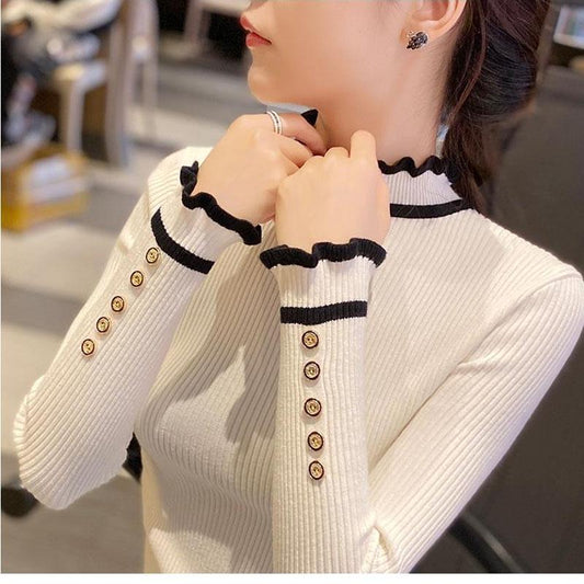 Knitted Bottoming Shirt Women Autumn and Winter Button Decoration Half Turtleneck Sweater Young Women Sweater