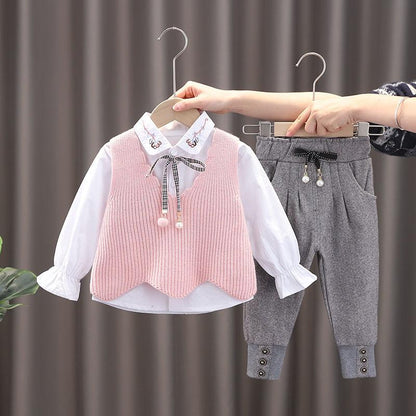 Female Baby Suit 0-5 Years Old Girl Korean Cute Spring and Autumn Clothes Long Sleeve Sweater Vest Three-piece