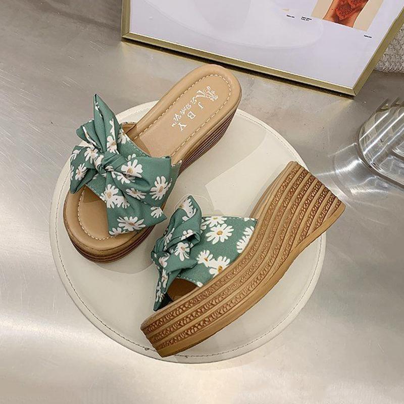 High-heeled Thick-soled Slippers Women's Summer One-word Thongs Are Thin and Heightened Bow Beach Sandals and Slippers