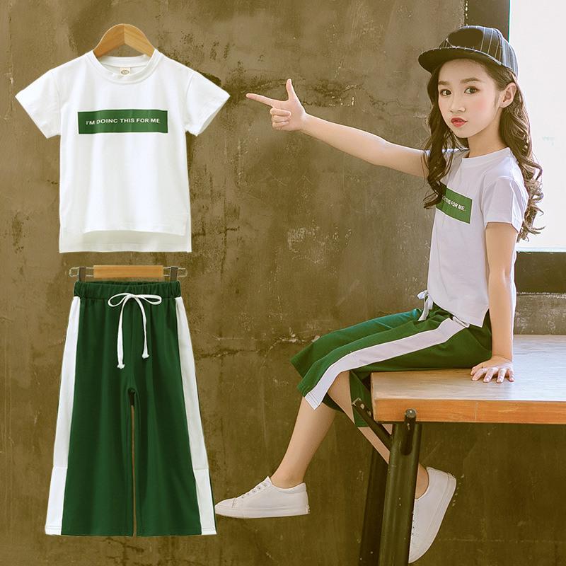 Girls Summer Breathable Thin Short-sleeved Suit Children's Loose Cropped Pants Casual Dancing Clothing Comfortable and Simple Two-piece Suit