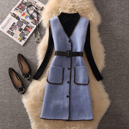 Autumn and Winter Solid Color Knitted Bottoming Shirt and Waistcoat Two-piece Set Waist Was Thinner Female Thermal Suit French Retro Style