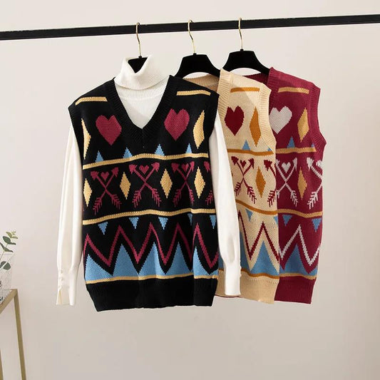 Retro Diamond Loose Knit Vest Women Spring and Autumn Stacking Sleeveless V-neck Vest Sweater