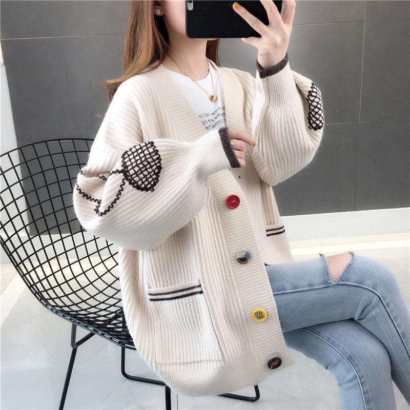 Women's Embroidered Knit Cardigan Loose Mid-length Knitted Sweater Coat Fashion