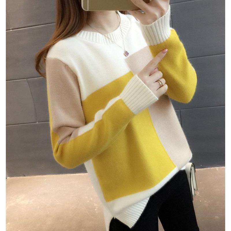 Candy-colored Knitted Bottoming Shirt Color Matching Thin Loose Blouse Plus Size Long-sleeved Sweater Women