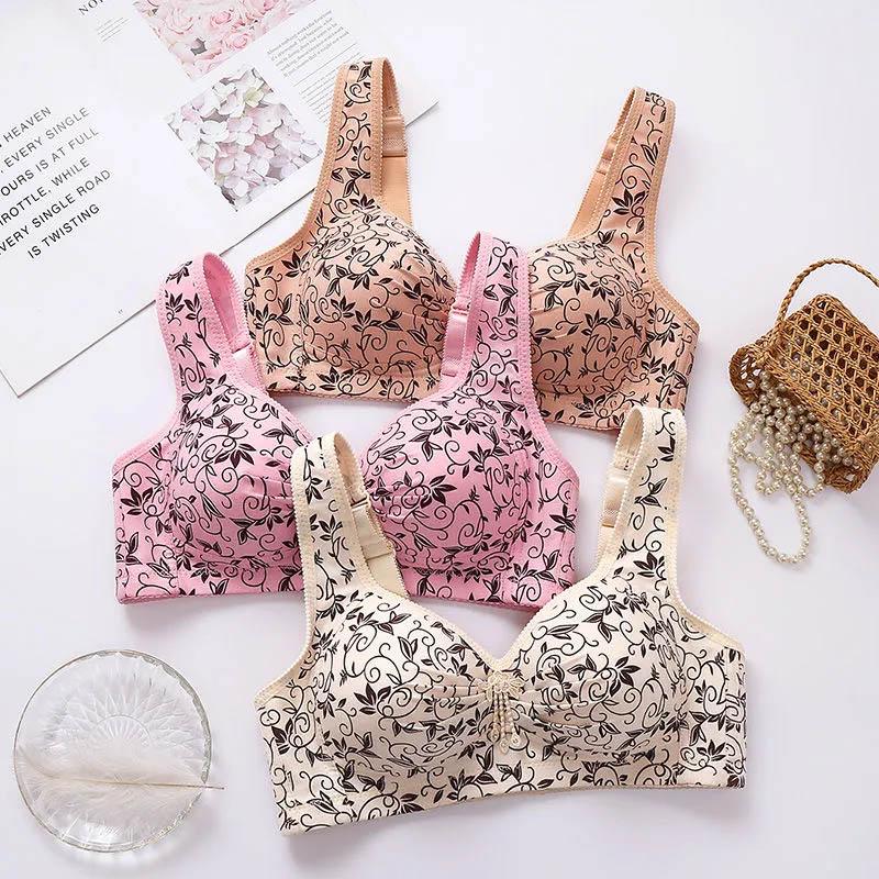 Pure Cotton Large Size Thin Section Printed Underwear Without Steel Ring To Collect Auxiliary Breasts To Gather Anti-sagging Top Support Women's Bra