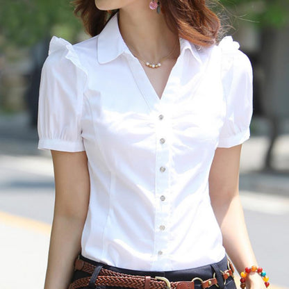 V-neck Professional Shirt Women's Formal Wear Short-sleeved Blouse Tooling Women White-collar Work Clothes White Shirt Formal Wear Shirt