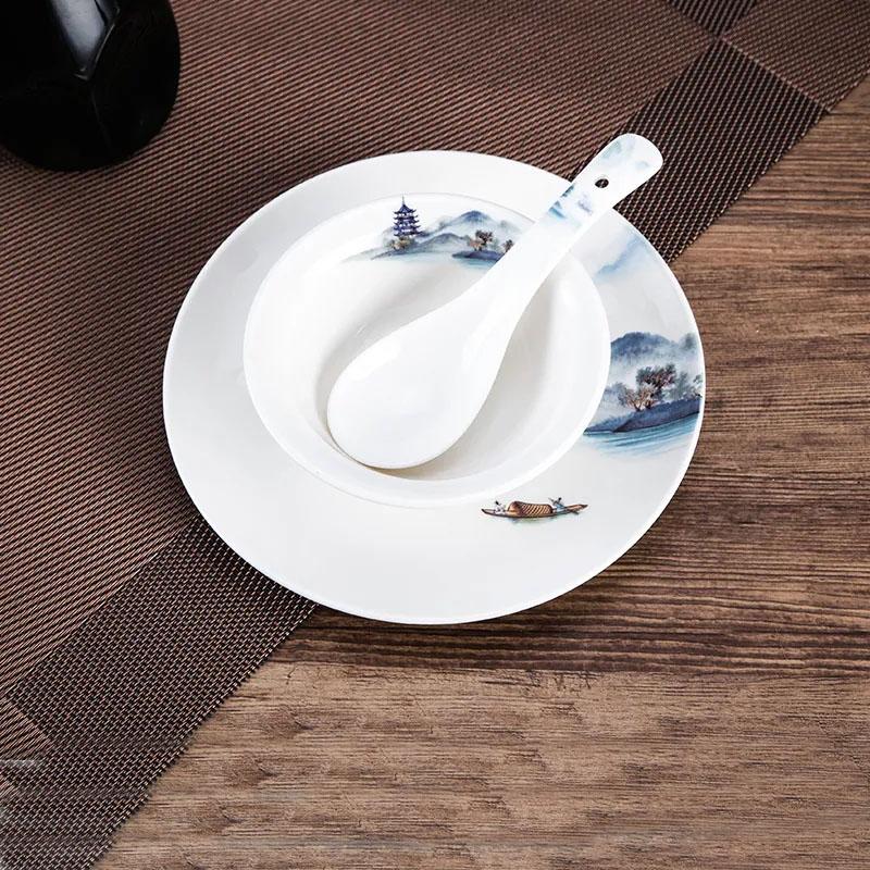 Chinese-style Hotel Tableware Four-piece Set of Bone Dish Fin Bowl Teacup Spoon Landscape Painting Ceramic Tableware