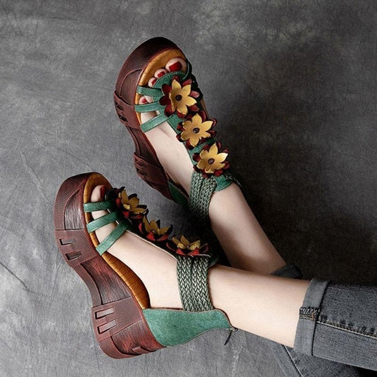 Summer Ethnic Style Thick-soled Sandals Women's Literary Retro Roman Floral Sandals Open-toed Hollow Waterproof Platform High-heeled Shoes