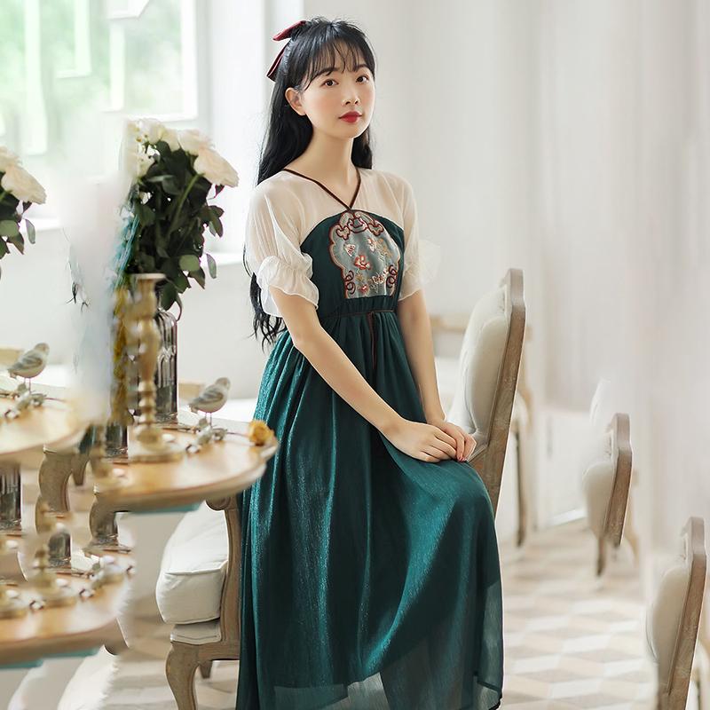 Summer Daily Improved Version of Hanfu Dress Female Embroidery Han Elements Literary Retro Mid-length Skirt Fairy