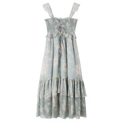 Female Vintage High Waist Super Fairy Holiday Dress Elegant Slim Chiffon Floral Print Pleated Dress