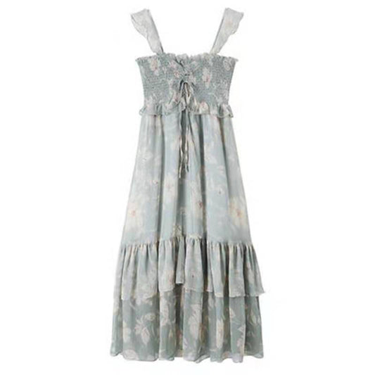 Female Vintage High Waist Super Fairy Holiday Dress Elegant Slim Chiffon Floral Print Pleated Dress