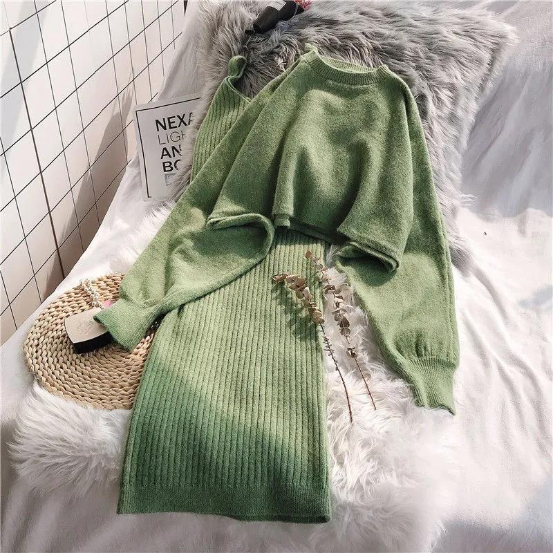 Temperament Sweater Suit Skirt Female Loose Knit Sweater Two-piece Suit Suspender Sweater Dress + Long-sleeved Top Comfortable and Warm Two-piece Suit