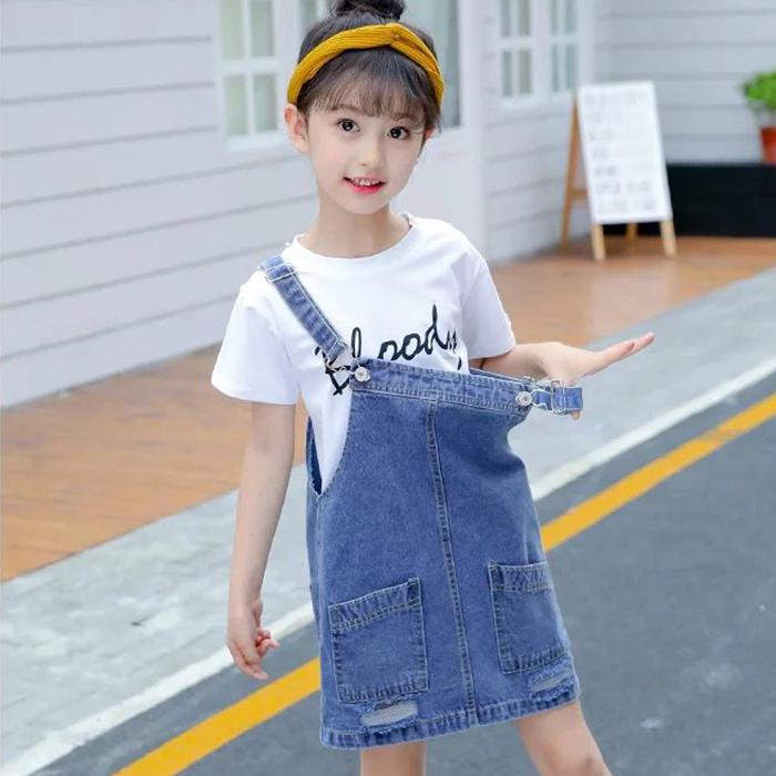 2PCS Children Clothing Set Spring Summer Girls Suits Denim Skirt Solid Color Printing Short Sleeve Strap Skirt Suit Clothing Set