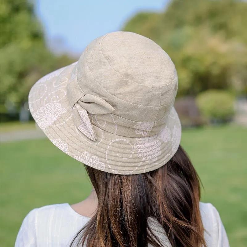 Women's Cotton Bucket Hat Rose Flower Bow Sunscreen Sun Hat Spring Adjustable Hat Breathable Vintage Fisherman Hat Basin Hat