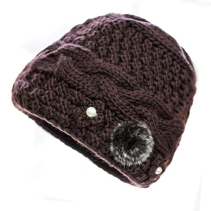 Women's Autumn and Winter Vintage Hat Mother Knitting Wool Thickening Plus Velvet Padded Warm Hat Handmade Knitted Floral Retro Cold-resistant Cap