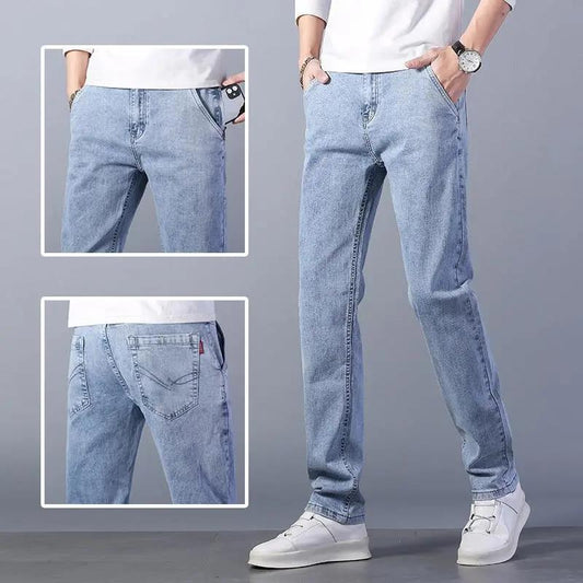 Spring, Summer and Autumn Thin Jeans Men's Straight Loose Light Blue Trendy Stretch Casual Light-colored Trousers