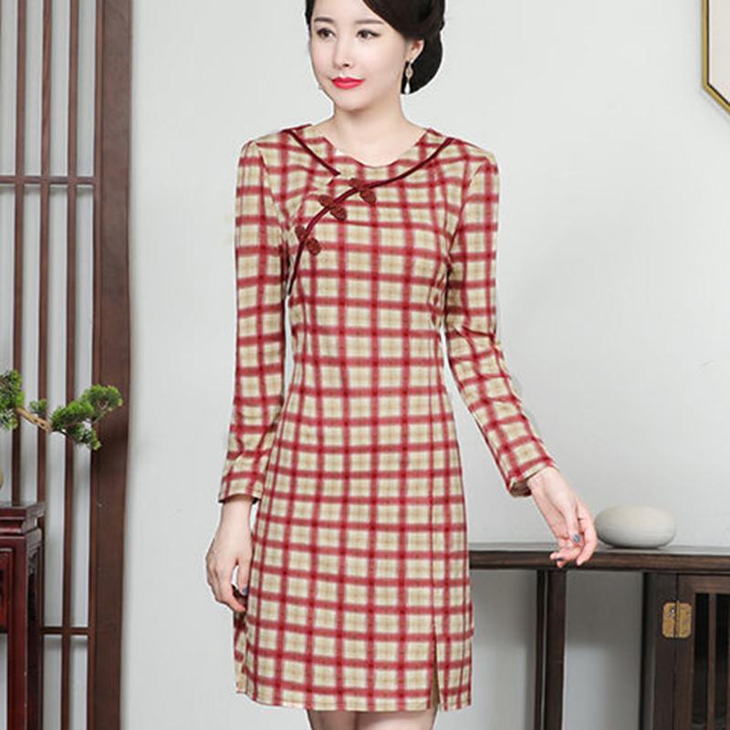 Improved Cheongsam Dress Mom Summer Short-sleeved Plaid Skirt Slim Slimming Retro Hip Skirt