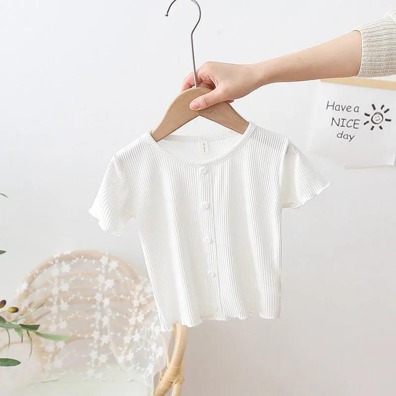 Baby Girl 2021 Summer Solid Color Short-sleeved Buttons Corrugated Kids Children's T-shirt Girls Children's T-shirt 0-4T