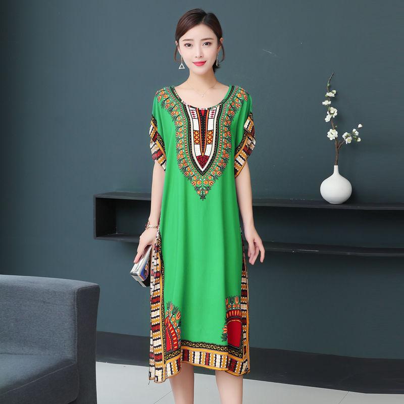 Women Summer Vintage High Waist Short Sleeve Mid-length Dress Elegant Loose Round Collar Print Casual Dress