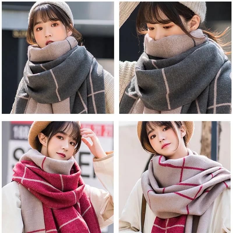 Winter Imitation Cashmere Scarf Korean Fashion Fringed Plaid Scarf Women's Dual-use Lengthened Thick Shawl Scarf